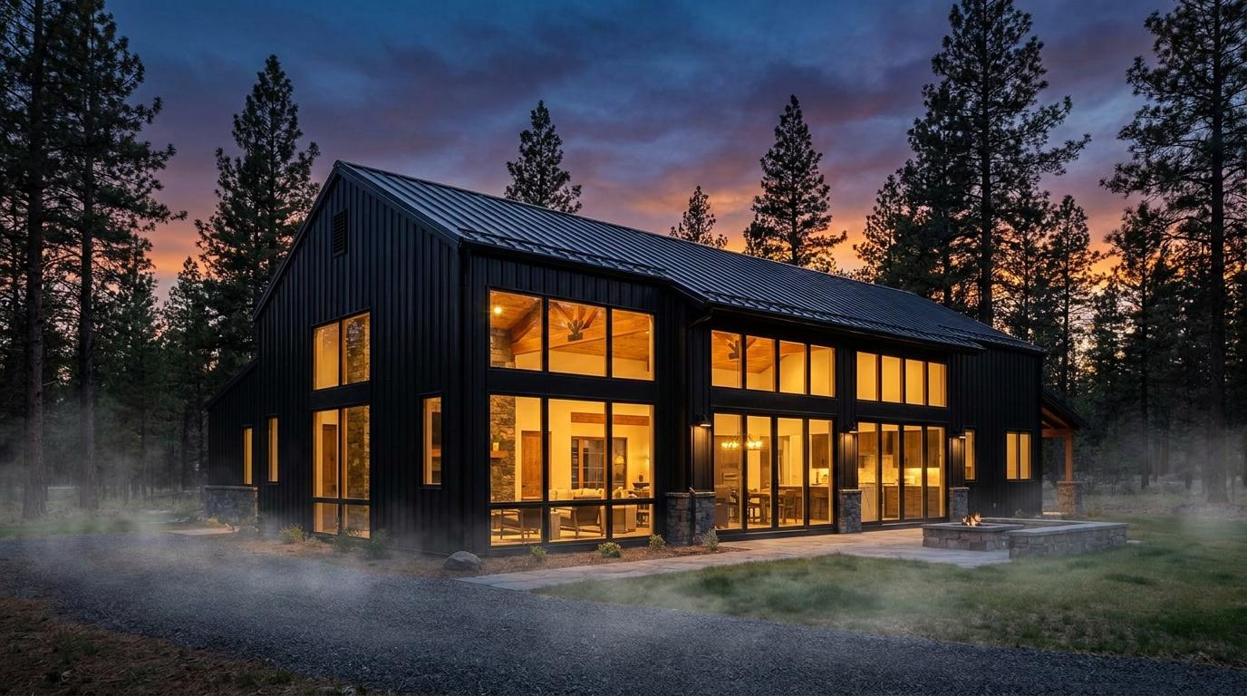 Finished custom residential pole barn glowing at dusk in a forest clearing