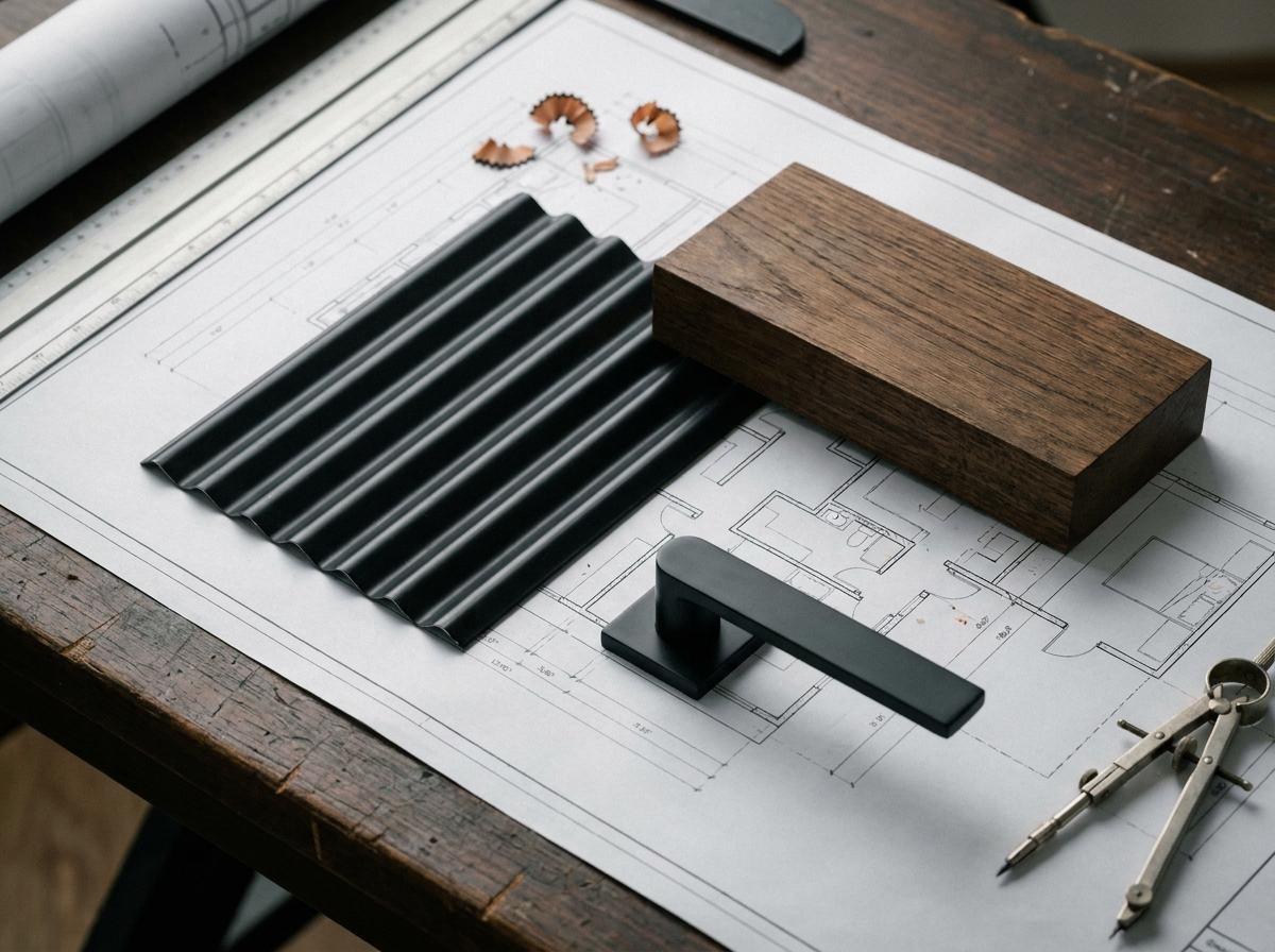 Blueprints layered with black steel, dark oak, and hardware swatches