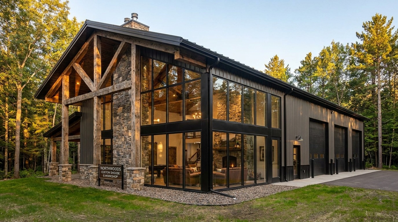 Design concept — luxury shouse barndominium in forest setting